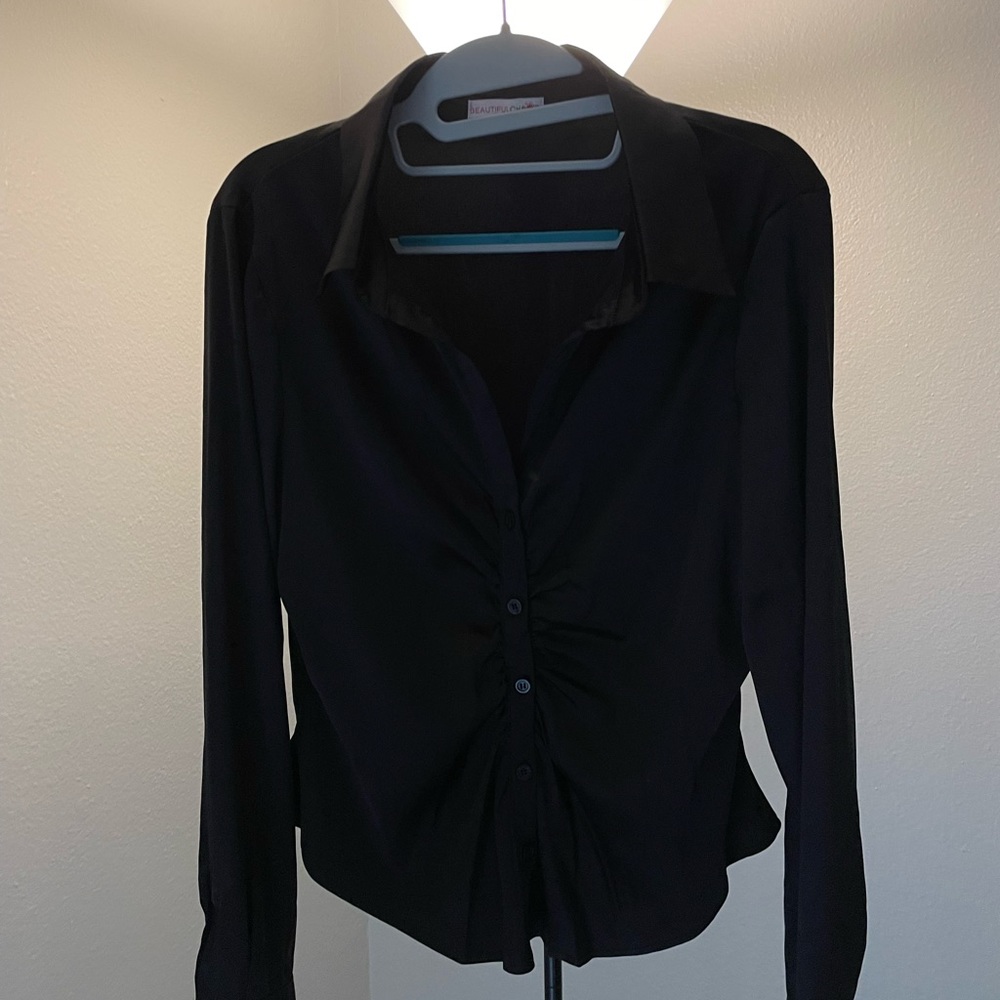 NWOT Black Satin Cinched Blouse